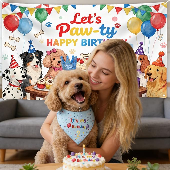 Dog Birthday Party Supplies,72X43Inch Let's Pawty Dogs Kids Birthday Party Banner Birthday Boy Cake Bandana Triangle Scarf Party Hat with Numbers for Large Medium Small Dog