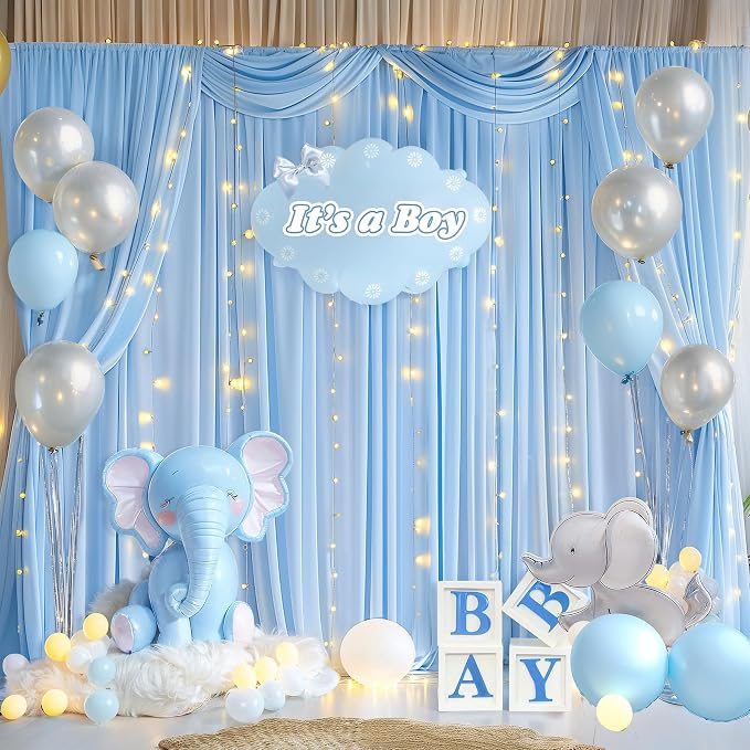 20x10FT Blue Backdrop Curtains with Lights for Parties,Wrinkle Free Wedding Photo Backdrop Curtains for Baby Shower Birthday Ceremony Reception Home Party Decorations-5ft x 10ft,4 Panels