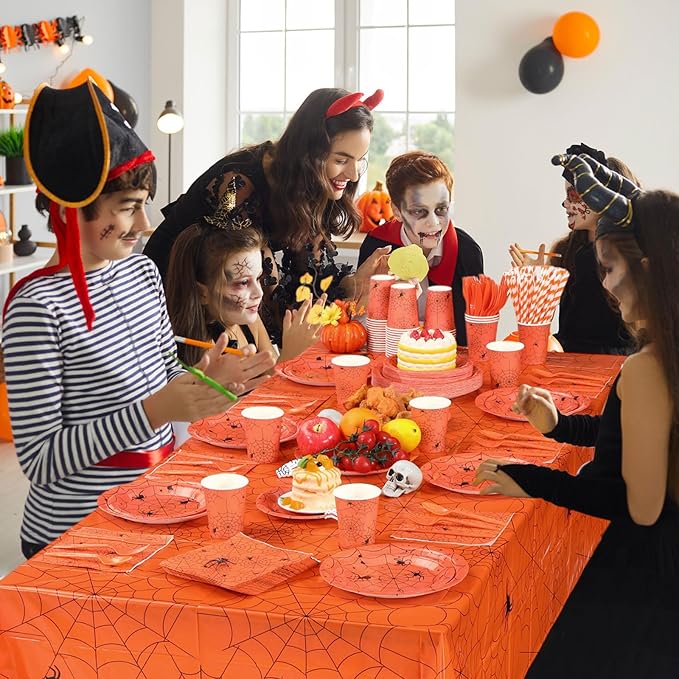 Funnymoom 452 Pcs Halloween Spiderweb Supplies Tableware for 50 Guests, Orange Spider Web Paper Plates Napkins Cups Tablecloth Cutlery Straws for Spiderweb Halloween Birthday Party Decoration