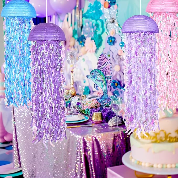 OBXT 10" Mermaid Jellyfish Lanterns – Pink Purple Blue Decorations for Mermaid Birthday Party, Under the Sea Theme, Baby Shower, Ocean & Beach Room Hanging Decor (Set of 6)