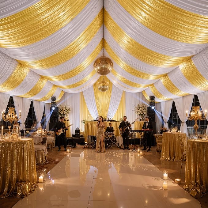 4 Panels 5x40ft Gold Ceiling Drapes for Wedding Parties, Wrinkle Free Thick Polyester 40ft Extra Long Wedding Draping Arch Drapery for Birthday Party Canopy Tent Decor