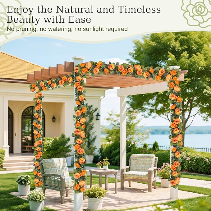 Lewondr Artificial Eucalyptus Garland with Flower - 8 Rose 8 Peony, 2Pcs 13FT Faux Floral Greenery Garlands Fake Flowers Vines, Maintenance-Free for Table Shelf Backdrop Party Room Decor, Orange