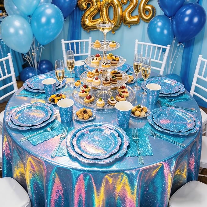 Blue Iridescent Plates and Napkins Set, Disposable Light Blue Holographic Plates Cups Napkins Forks Tablecloth Party Supplies for Birthday Baby Shower Bridal Shower Party Decorations, Serves 24 Guests
