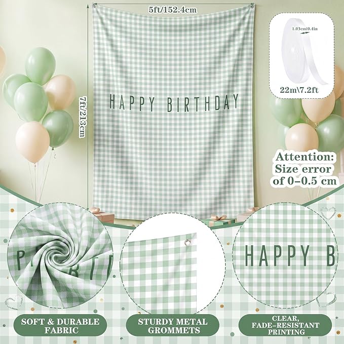 Flutesan 7x5ft Green Gingham Happy Birthday Backdrop Large Banner Fabric Tapestry Birthday Party Decoration Baby Shower Linen Rustic Background Wall Photo Props Indoor Outdoor