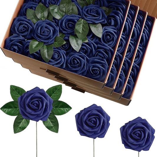 100 Pcs Artificial Foam Rose Flower Faux Bouquet Wedding Fake Rose Gift for Mother's Day Women DIY Bridal Shower Party Table Birthday Home Spring Decor (Navy Blue)