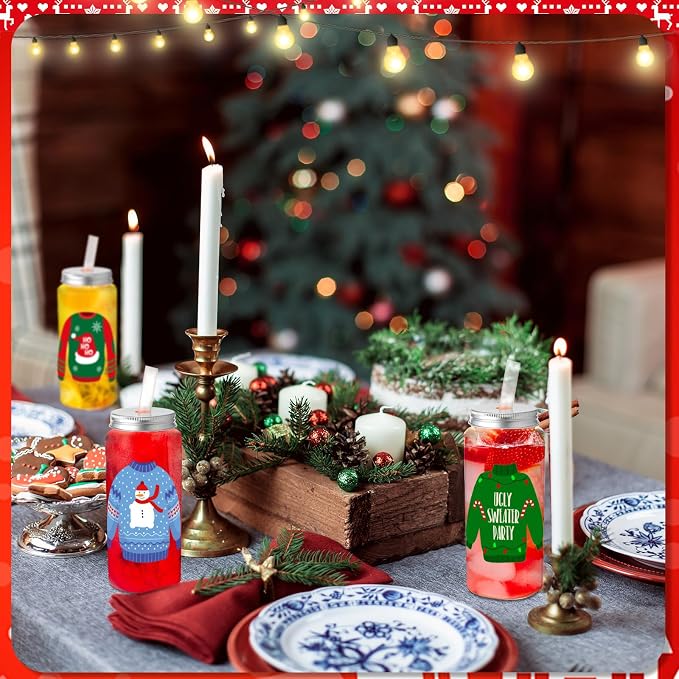 Skylety 30 Pcs Christmas Plastic Cups with Lids and Straws 13.5 oz Winter Sweater Reusable Plastic Tumbler Xmas Sweater Party Decor for Winter Holiday Women Birthday Wedding Party Supplies