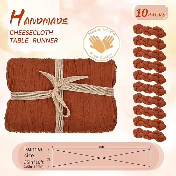 10 Packs Terracotta Cheesecloth Table Runner, 10Ft x 35" Rust Rustic Gauze Boho Wedding Table Runner Decoration, Wedding Table Decor Table Cloth for Wedding Party Bridal Shower Table