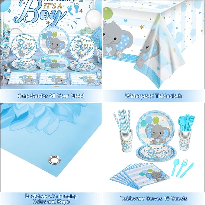 Chengu 194 Pcs Elephant Baby Shower Party Supplies - Blue It's a Boy Backdrop Banner, Tablecloth, Tableware & Balloons Party Decorations for Baby Showers Gender Reveal(Boy Style)