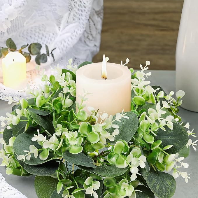 8PCS Artificial Eucalyptus Leaves Small Wreaths Green Candle Rings, Wreaths Spring Summer Greenery Garland Pillar Candle Holder for Home Wedding Party Table Centerpiece Decoration