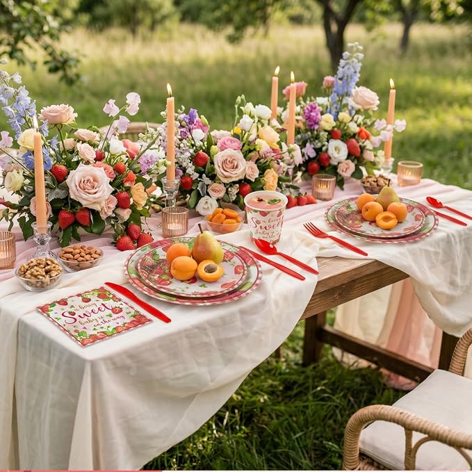 Ziliny 350 Pcs Sweet Baby Shower Party Supplies a Berry Sweet Baby Is on the Way Tableware Set Strawberry Disposable Plates Napkins Paper Cup Plastic Cutlery Serves 50