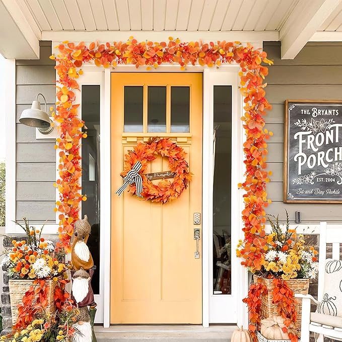 N&T NIETING Fall Eucalyptus Garland, 6FT Artificial Eucalyptus Garland with Lights, Fall Garlands Fall Decorations for Home Thanksgiving Table Fireplace Mantle Party Outdoor(4 Pack)