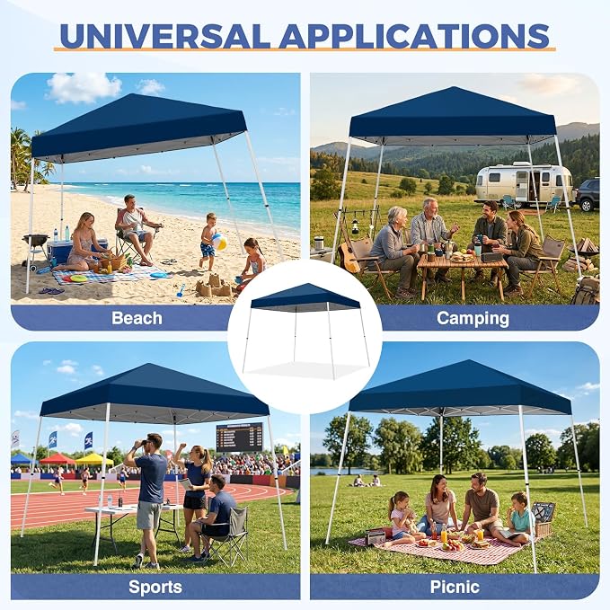COOS BAY 10x10 Pop Up Canopy Tent, Portable Outdoor Shelter with Carry Bag for Tailgate, Party, Beach, Picnic, and Camping, 10x10 Base 8x8 Top, Dark Blue
