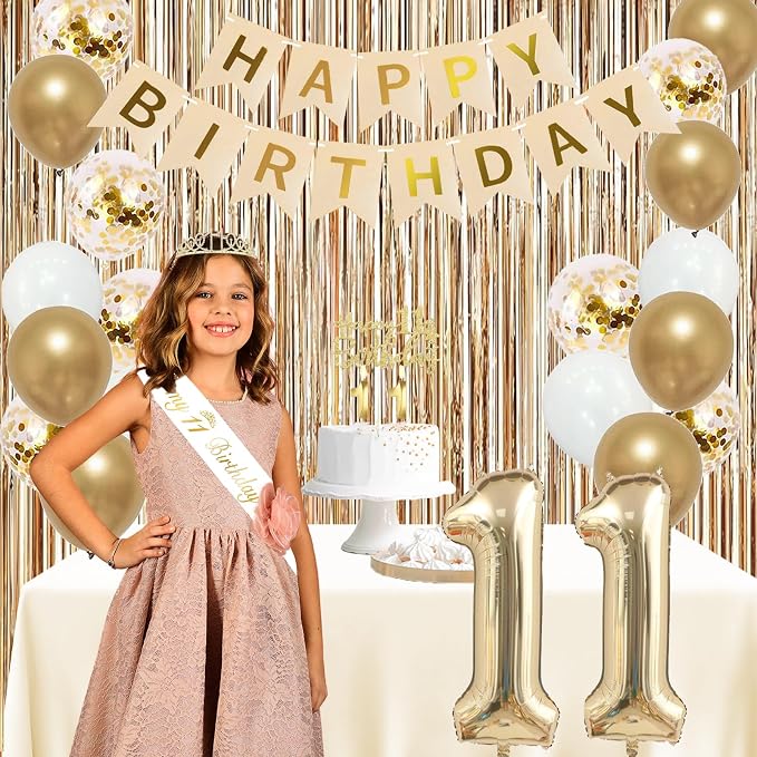 Trgowaul 11th Birthday Decorations for Girls, Banner, Sash and Crown, Cake Topper, 11 Number Balloon, Fringe Curtains, Champagne Gold 11th Birthday Party Supplies