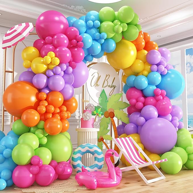 412pcs Summer Tropical Balloon Arch Garland Kit Different Sizes 18 12 10 5inch Rainbow Hot Pink Green Orange Blue Purple Balloons for Hawaiian Luau Aloha Baby Shower Birthday Party Decorations