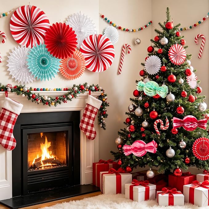 PAPER JAZZ 12pcs Candy Paper Fans Christmas Decoration,Candy Honeycomb Christmas Decorations,White and Red Xmas Decoration Wall/Ceiling for Classroom,Bulletin Board,Winterwonderland,Office Decor.