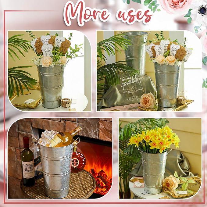 Henoyso 153 Pcs Wedding Send Off Set, 150 Lace Wedding Tags, 2 Pack 12.2 Inch Galvanized Metal Buckets, 1 Acrylic Send Off Sign with Stand for Party Decorations(Silver)