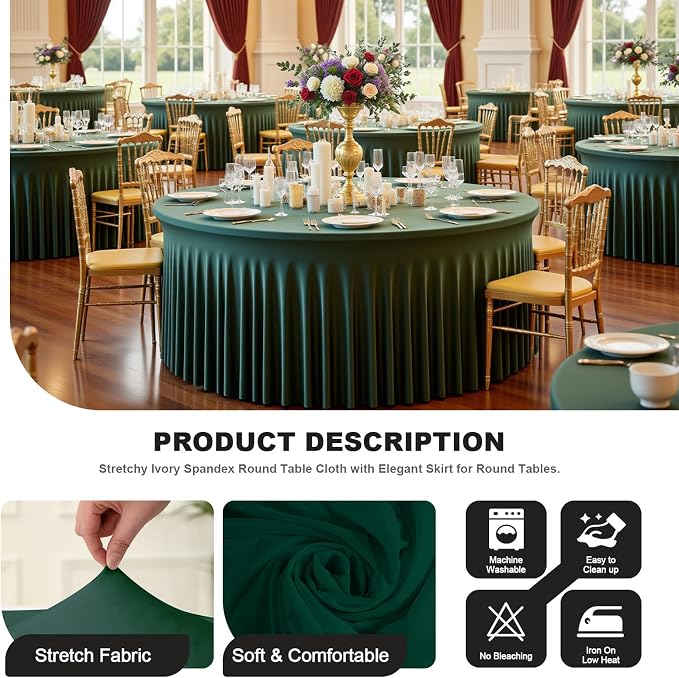 72 Inch Dark Green Round Tablecloth,Washable Stretchy Fitted Circular Table Cover with Elastic Edge for 6FT Round Table, Reusable Tablecloth for Wedding Banquet Party Birthday Buffet Dining