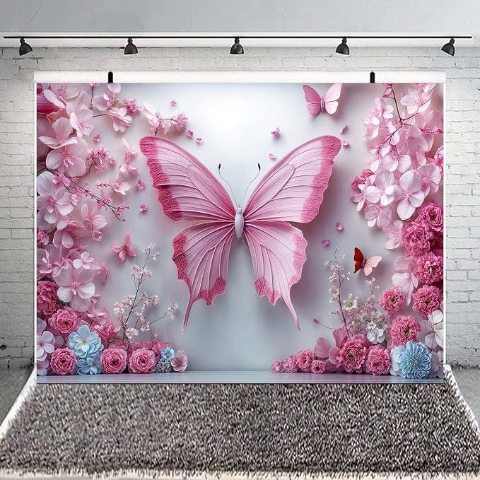 6x4ft Pink Butterfly Flower Backdrop for Photography Floral Wonderland Photo Background Baby Shower Birthday Bridal Shower Party Decors Newborn Girls Princess Portrait Photobooth Props