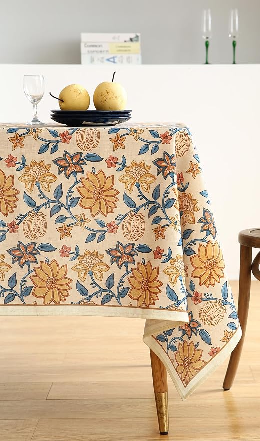 ISAENNE Designer Vintage Linen Rectangular Tablecloth,110"x63"-Estevan B | French Elegant Printed Table Cloth for Rectangle Table,Orange Floral Pattern,Dining Room,Kitchen,Tea Party,Thanksgiving