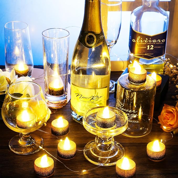 Retisee 48Pcs Flameless LED Tea Lights Glitter Electric Fake Candles for Centerpieces Battery Operated Anniversary Romantic Winter Decor for Wedding Christmas Birthday(Gold,Black,1.46inch)