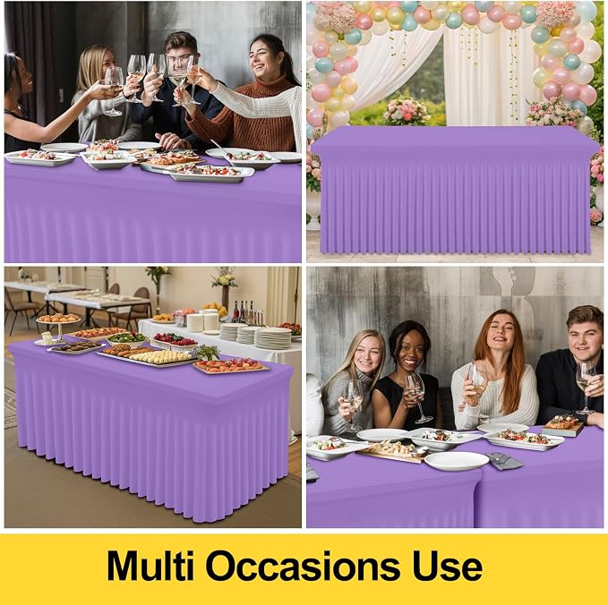 Smiry Spandex Tablecloth 2 Pack, Elastic Fitted Stretch Tablecloth for 8FT Rectangle Tables, Waterproof Washable Table Cover Skirt for Wedding, Banquet & Parties (Lavender, 96Lx30Wx30H Inch)