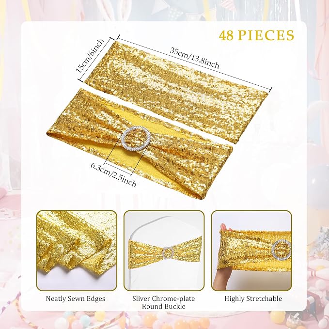 54 Pieces of Gold Sequin Chair Ribbons and Table Runners, 48 Sequin Chair Bows, 6 Glitter Table Runners, Suitable for Wedding Parties Birthday Meeting Events Decorations (Gold)