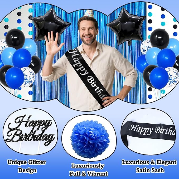 Blue and Black Birthday Decorations, 50PCS Happy Birthday Decorations for Men with Banner Balloons Sash Foil Fringe Curtain Paper Pompoms, Blue Party Decoration Party Supplies for Boys Kids