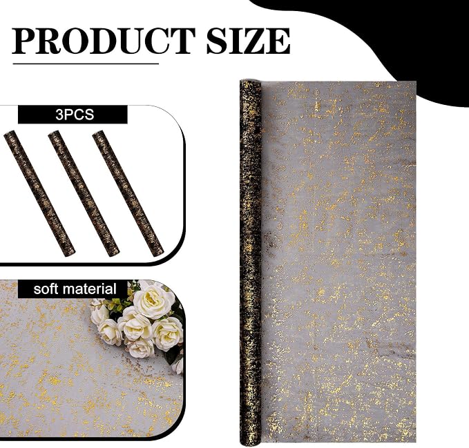 BINBE 3PCS Black Table Runner 10Ft Sheer Chiffon Fabric Cheesecloth Sequin Glitter Table Runner for Wedding Birthday Party Decor