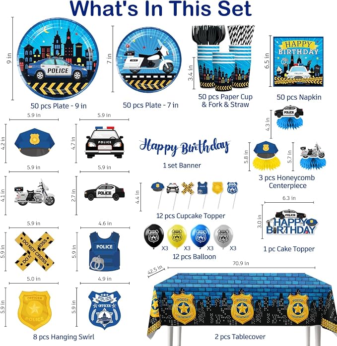 339pcs Police Birthday Party Decorations Tableware Complete Set, Serves 50 Guests, Party Decorations Kit with Banner Plates, Napkins, Balloons, Tablecloths