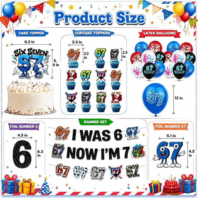 6 7 Birthday Decorations Set, I Was 6 Now I'm 7 Banner 12 Cupcake Toppers &16 Balloons, Cool Blue & Black Transition Theme 6 to 7 Birthday Party Supplies Set