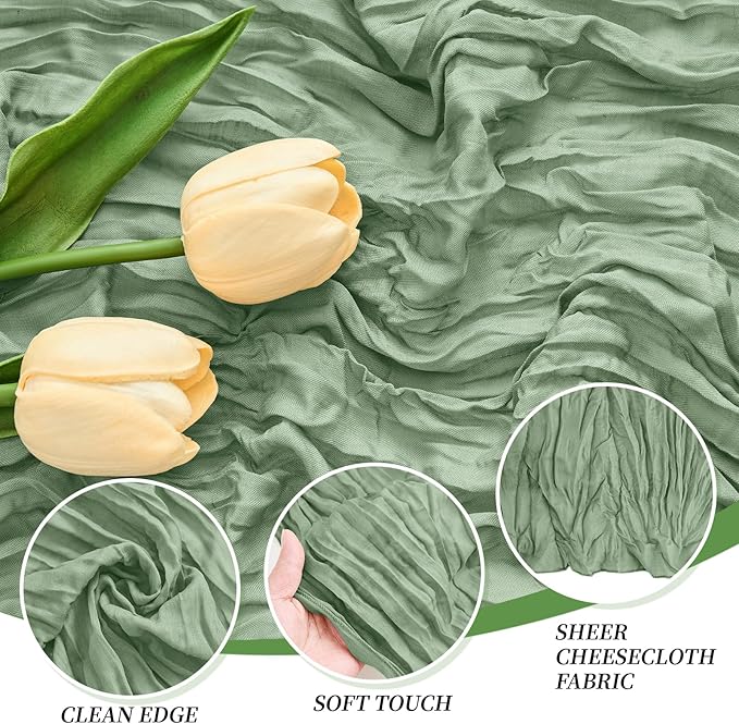 18 Pack Sage Green Cheesecloth Table Runner 21.5x120 Inch, Semi Sheer Boho Gauze Cheese Cloth Fabric Table Runners 10 FT Long for Wedding Party Baby Shower Birthday Home Decor