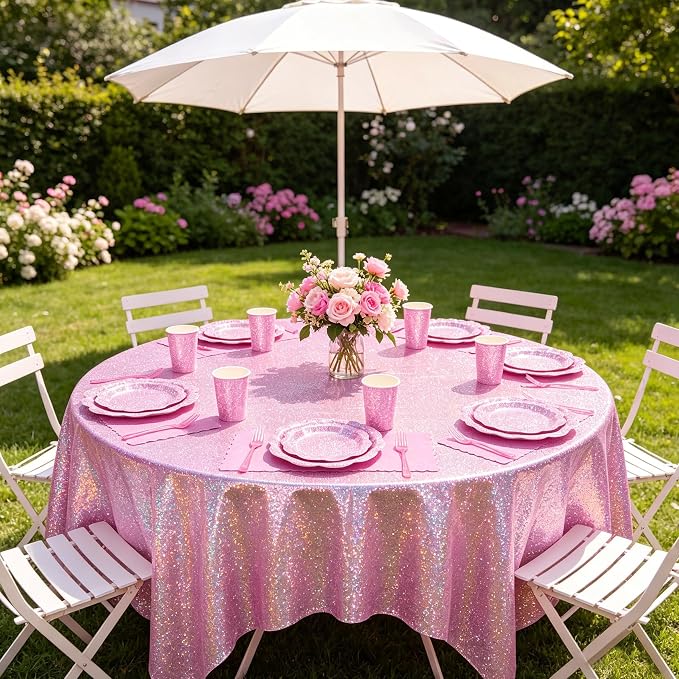 Light Pink Iridescent Plates and Napkins Set, Disposable Holographic Plates Cups Napkins Forks Tablecloth Party Supplies for Birthday Baby Shower Bridal Shower Party Decorations, Serves 24 Guests