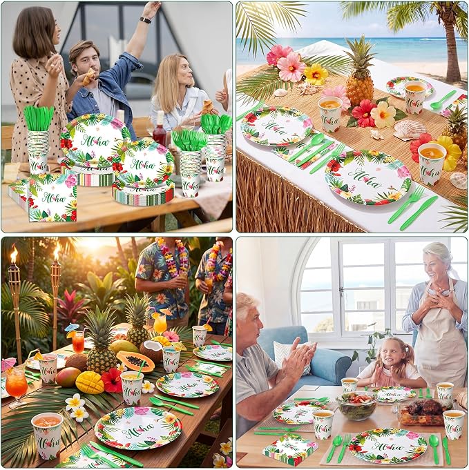Pajean 350 Pcs Summer Hawaiian Party Supplies Luau Oval Plates and Napkins Set Palm Leaf Aloha 12 in Disposable Tropical Heavy Duty Paper Tableware Set for 50 Guests Summer Luau Beach Party Supplies