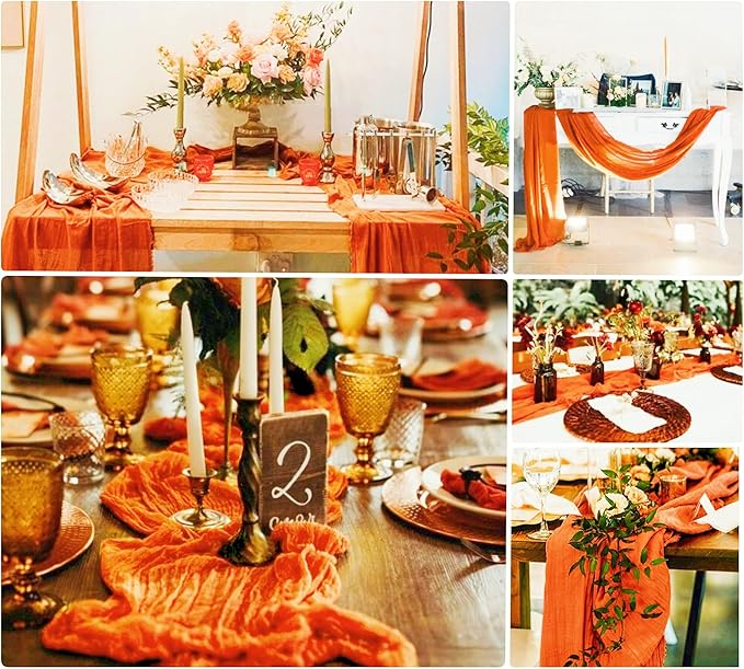 15 Pack Orange Cheesecloth Table Runner 10Ft Gauze Cheese Cloth Table Runner 35 x 120Inch Boho Table Runners Romantic Table Cover for Wedding Birthday Party Bridal Baby Shower Fall Table Decoration