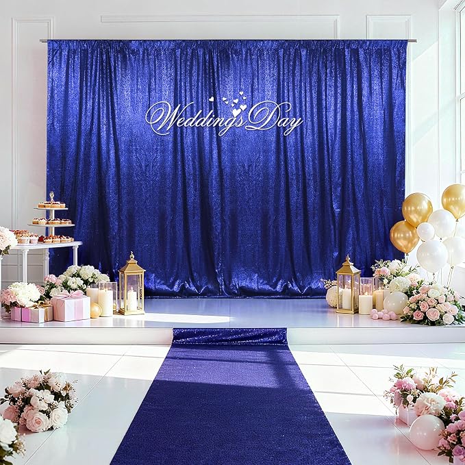 SquarePie 10x10ft Navy Blue Sequin Backdrop for Photography, Satin-Backed Real Sequin Curtain, Enhanced Coverage Shimmering Background with 4" Rod Pocket for Wedding, Birthday, Party Decor, 1 Panel