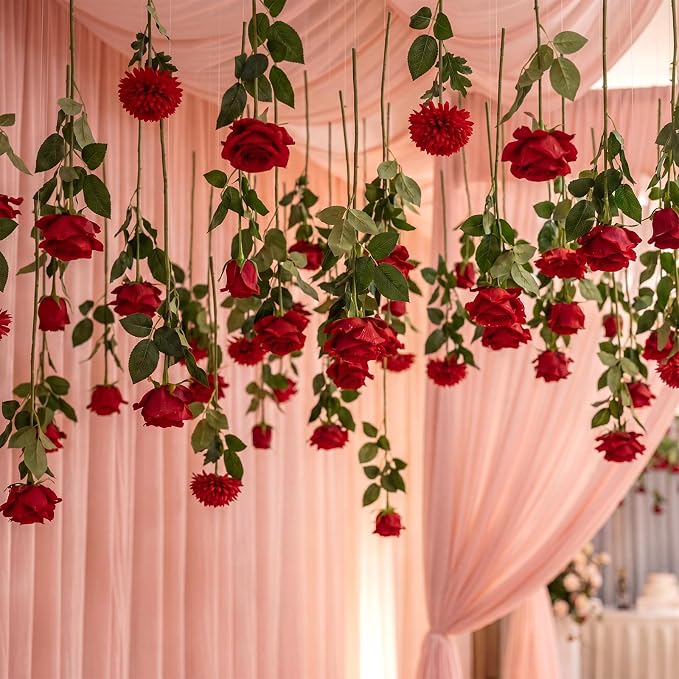 Lyrow 120 Pack Red Roses Artificial Flowers Bulk Hanging Floating Garland Fake Red Rose Vine for Ceiling Decoration Wedding Anniversary Bridal Bouquet DIY Floral Arrangement Proposal Romantic Decor