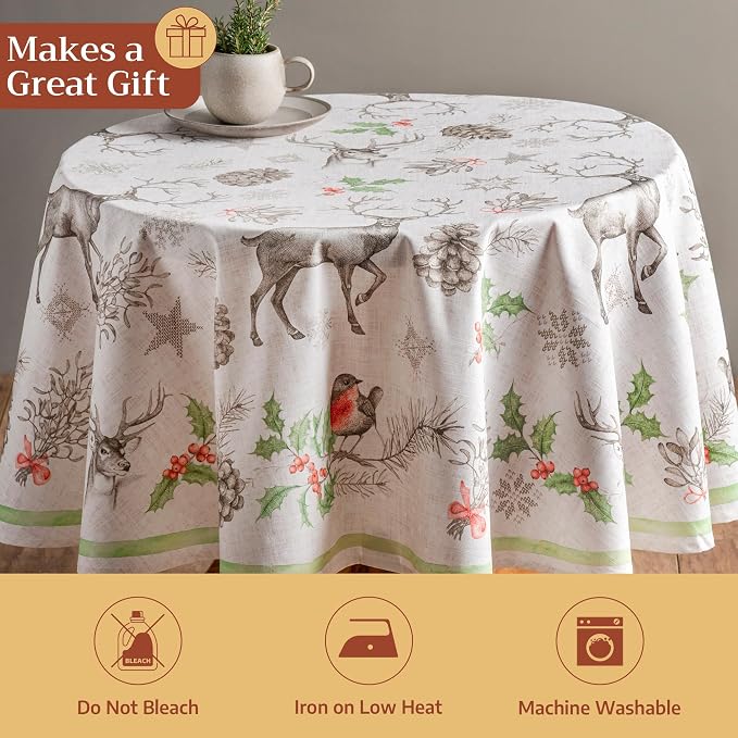 Maison d' Hermine Table Cloth Round Table 100% Cotton 69 Inches Fall Tablecloth Reusable Everyday Use for Thanksgiving Christmas Decorations Dining Farmhouse Party (Christmas Dew)