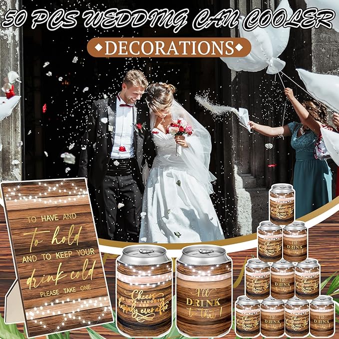 SiliFine 101 Pcs Wood Grain Wedding Can Cooler Bulk Engagement Party Favors for 100 Guests Cheers to Love Laughter, and I'll Drink Can Cooler with Wooden Wedding Table Sign Bridal Shower Favor