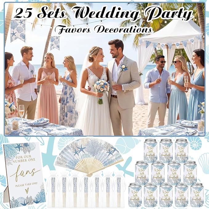 Hoteam 25 Sets Ocean Wedding Party Favors for Guests Bulk Including Blue Can Cooler and Paper Folding Fans with Wedding Decor Table Sign Cheers to Love for Bridal Shower Party Souvenir