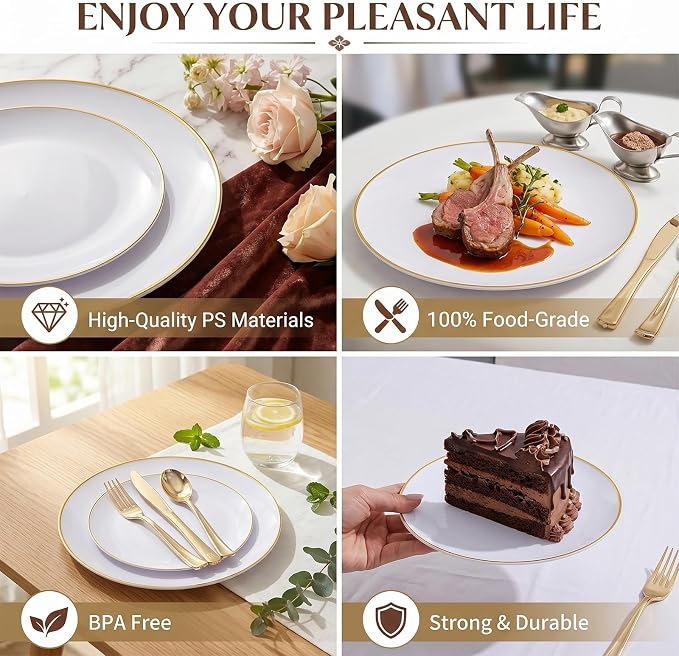 KIRE 100PCS White and Gold Plates - Plastic Disposable Plates - Includes 50Pieces 10.25inch Dinner and 50Pieces 7.5inch Dessert/Salad Plastic Plate for Wedding/Party/Baby Shower/Bridal Shower