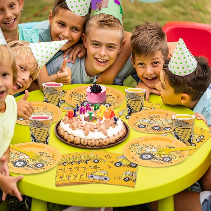 132 Pcs Construction Birthday Party Supplies, Construction Disposable Tableware Set Dump Truck Party Table Decorations for Birthday Party, 9'' and 7'' Plates, Napkins, Cups, Forks, Banner, Serves 24