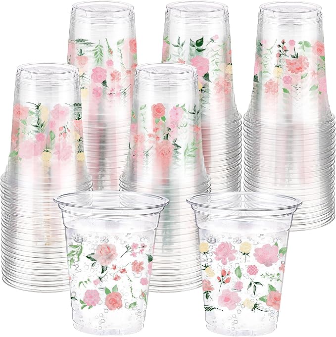Hushee Wedding Floral 60 Pcs Party Cups 16 oz Plastic Disposable Drinking Cups for Birthday Love Baby in Bloom Baby Shower Summer Fresh off The Market Bridal Shower Decorations Supplies