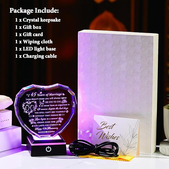 Arikyrist 45th Wedding Anniversary Crystal Heart Gifts for Couple, Laser Engraved 45 Year Anniversary Crystal Gifts for Wife Husband Parents, Romantic 45 Years of Marriage Gift for Him Her Friends