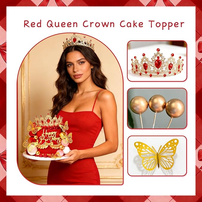 Red Queen Crown Cake Topper Gold Crown Birthday Decorations Butterfly Sign Gold Balls Cake Decorations Birthday Party Bridal Shower Decor
