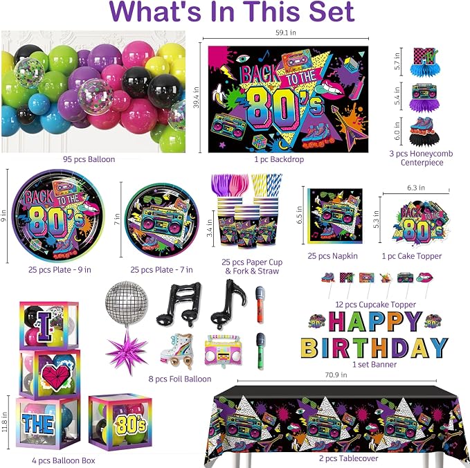 277pcs 80s Party Decorations Serves 25, All-in-one Set with Back To The 80's Backdrop Tableware Balloon Arch Tablecloth Balloon Box Cupcake Topper Table Decor, Etc. for 80s Party Decorations