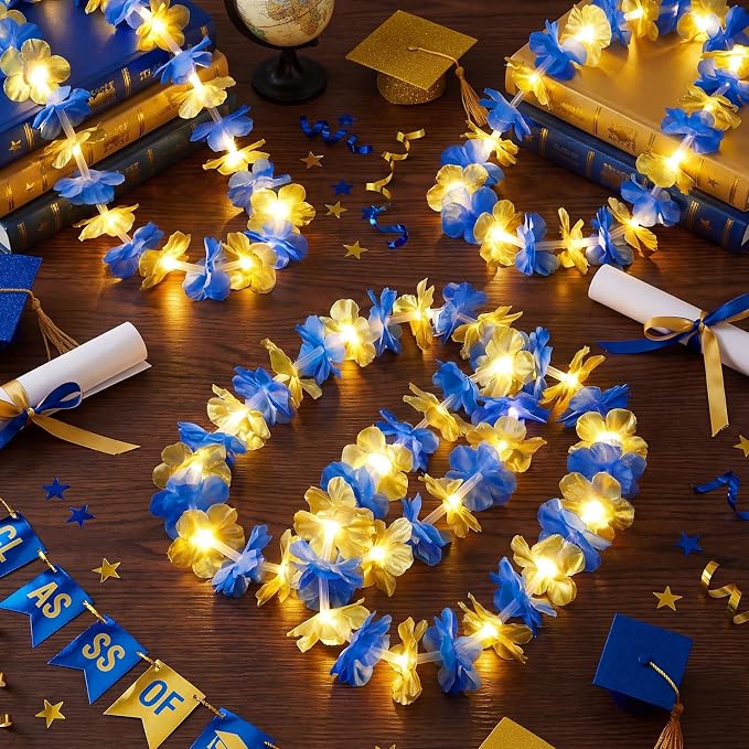 Sherr 48 Pcs Graduation LED Hawaiian Leis Class of 2026 Light Up Flower Leis Necklace with LED Lights Gold Blue Luau Flowers Necklaces for Graduation Party Decoration Supplies