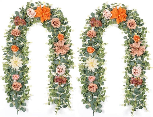 Waipfaru 2Pcs Fall Garland Decor, 6Ft Eucalyptus Flower Garland for Table, Fall Floral Vines with Terracotta Flowers for Wedding Arch Backdrop Wall Thanksgiving Decorations (Terracotta)