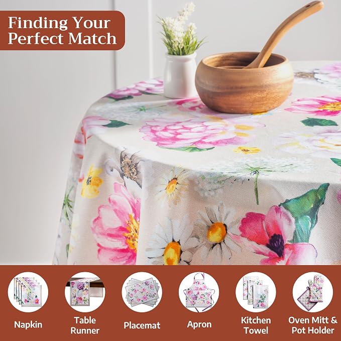 Maison d' Hermine Table Cloth Round Table 100% Cotton 63 Round Inches Tablecloth Reusable Decorative for Dining Kitchen Room Farmhouse Party Home Hotel Restaurant Spring Summer - Pivoine