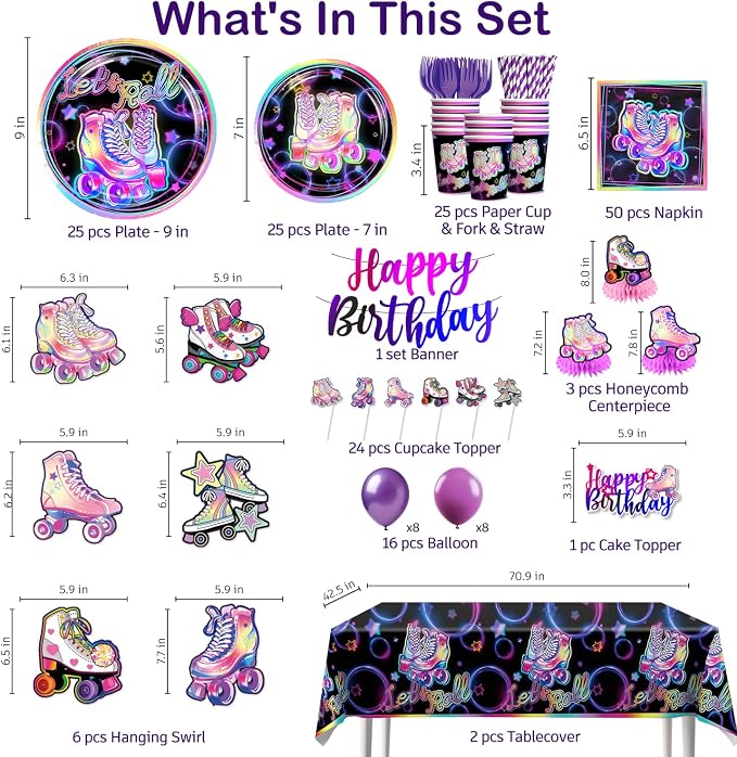 228pcs Roller Skating Party Supplies Tableware Set-Service 25, All-in-one Roller Skate Party Decorations Include 350gsm Plates Banner Napkins Cups Tablecloth Centerpiece Balloons