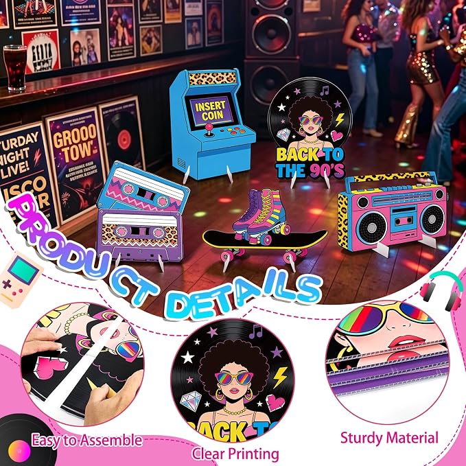 5Pcs 90s Party Decorations, Large Retro Theme Cardboard Cutouts Arcade Game Machine Boombox Vintage 90s Yard Sign for Neon Hip Hop Music Birthday Indoor Outdoor Photo Props Booth Backdrop